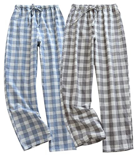 STMAHER 2er Pack Herren Schlafanzughose Baumwolle Pyjamahose Herren Lang Pyjamahose Karierte Nachtwäsche