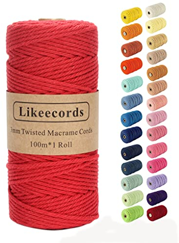 Likeecords Makramee-Schnur, 3 mm x 110 Yards, farbiges Makramee-Seil, Baumwollseil, Makramee-Garn, Bunte Baumwollschnur, zum Aufhängen von Pflanzen, zum Basteln, Stricken(Rot)