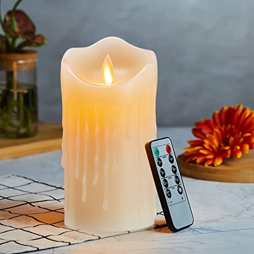 Lonkenn LED Kerzen mit Fernbedienung, Kerze Luminicious mit Wachstropfen, Flammenlose Flackern Kerze, Batteriebetriebene Outdoor LED Kerzen mit Timer-15cm Warmweißes