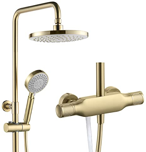 Duschsystem mit Armatur Gebürstetes Gold Duschset Regendusche Wandmontage Duscharmatur Set Höhenverstellbar Regendusche Set mit 23CM Kopfbrause, 3 Strahlarten Handbrause