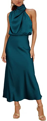 MIRGLER Robe de mariée pour invitée en satin élastique à col rond et taille haute pour femmes, robe de cocktail de soirée élégante et formelle maxi, bleu paon, L