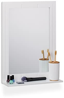 Relaxdays Specchio da Parete da Bagno, con Mensola, Specchiera Rettangolare con Ripiano, HLP: 55 x 40 x 12 cm, Bianco, Fibra di Legno