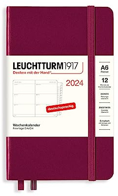 LEUCHTTURM1917 367629 Wochenkalender Pocket (A6) 2024, mit Extraheft für Adressen und Jahrestage, Port Red, Deutsch, 12 Monate