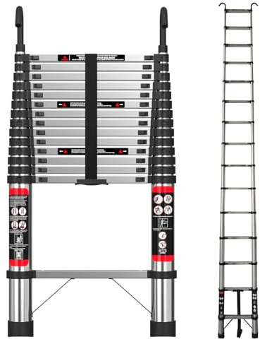Teleskopleiter, 4,4 m, aus Edelstahl, robust, tragbar, kompakt, mit Haken, 4,5 m, Mehrzweckleiter, zusammenklappbar, Dachboden, Teleskopleiter, verstellbare Höhe, EN131 Standard für Wohnmobile,