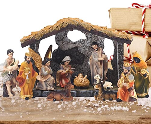 Monozoz Krippen-Sets, 12-teilig, Kunstharz, handbemalt, Krippenfiguren, Krippenfiguren, Weihnachtsdekoration, Heiliges Basteln für Weihnachten, Heimdekoration