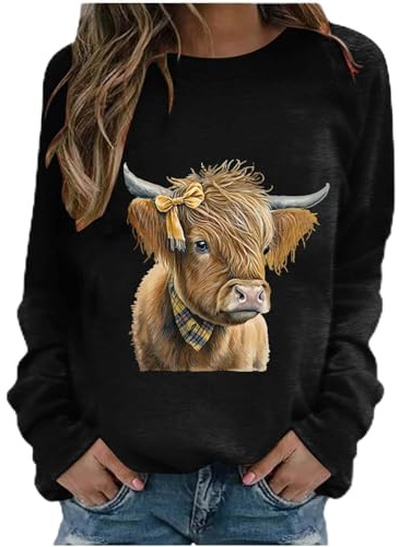 Women's Long Sleeve Tops Sales Clearance Highland Cow Sweatshirt O Neck Kawaii Cow Letter Print Casual Pullover Long Sleeve Teen Girls Basic Sweatshirt School Juniors for Ladies Black