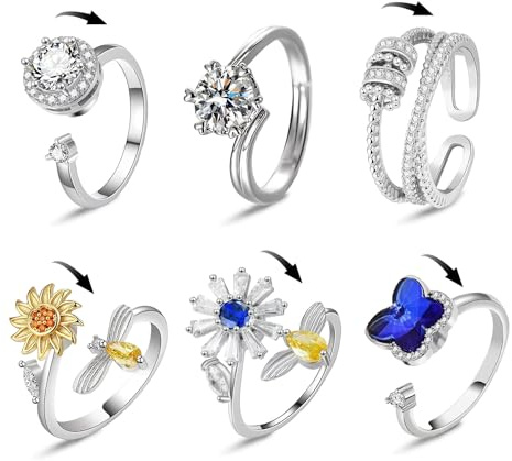 Yeefunjoy Bague Anti Stress Femme Anneau Soulagement du Stress Femmes Réglable Zircone Cadeau d'Anniversaire