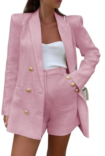 Cicy Bell Womens 2 Piece Tweed Blazer Shorts Sets Long Sleeve Double Breasted Suit Jackets Business Outfit Pink