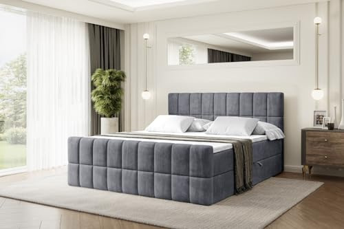ALTDECOR Boxspringbett mit Matratze und Lattenrost, Boxbett, Topper, Fußteil, Polsterbett mit Bettkasten, Bett mit Stauraum H4-Matratze, Springboxbett - Miami-Z - 180x200 - Dunkelgrau Samt