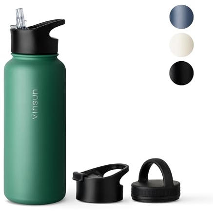 Vinsun Edelstahl Trinkflasche grün 1L - 3 Deckel - auslaufsicher, Kohlensäure geeignet, BPA frei - leichte Thermosflasche Sport, Outdoor, Schule, Uni, Büro, Gym