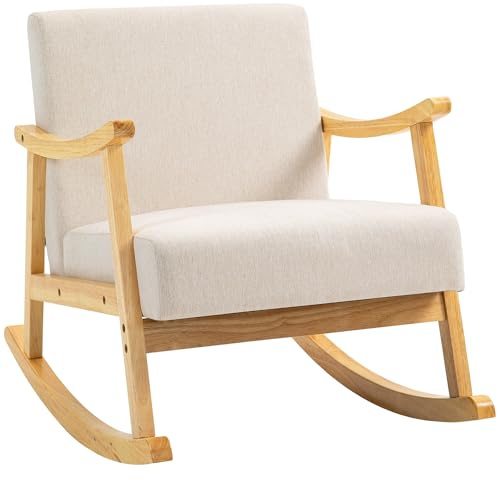 HOMCOM Fauteuil à Bascule Rocking Chair Assise rembourrée Chaise à Bascule avec Pieds en Bois Style Moderne - dim. 66l x 92P x 78H cm, Beige
