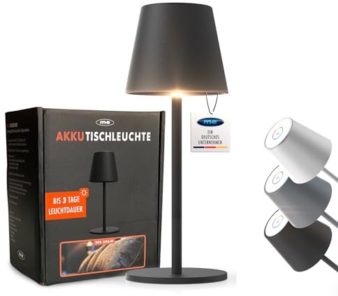 m-e LUNA-80-S, dimmbare kabellose LED Akku-Tischleuchte, 5200mAh, 8-72 Std Leuchtdauer, höhenverstellbar (5 Höhen),Touch-Sensor, Warmweiß & Farbwechsel (7 Farben) (Schwarz), aus Metall