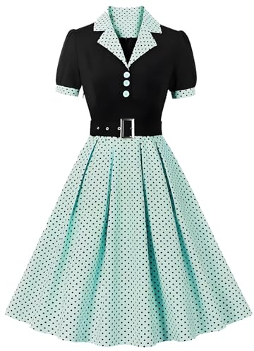 Tutukyle 50s Vintage Rockabilly Vestidos Damas Manga Corta Cuello en V Polka Dot Swing Vestido de Cóctel Retro Hepburn Estilo Falda Plisada Enagua Vestidos Vestido de Fiesta Vestido de Fiesta A-Line
