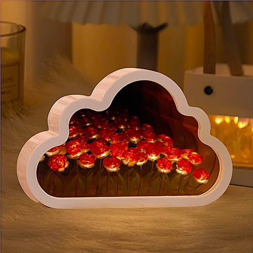 ALYMACK Handmade Tulip Lamp Fully Assembled - Flower Night Light Cuteness Lamps - Tulip and Rose Infinity Mirror in a Glass - Gift for Women or Girl - Lampara de Tulipanes Infinitos (Red Rose, AA)