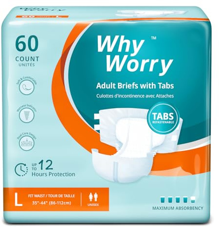 WhyWorry Windeln für Erwachsene Maximale Saugfähigkeit, Größe L, 60 Stück | Einweg Inkontinenz Slip für Frauen und Männer, Auslaufsichere Windel, Schutz über Nacht, Geruchskontrolle, Unisex