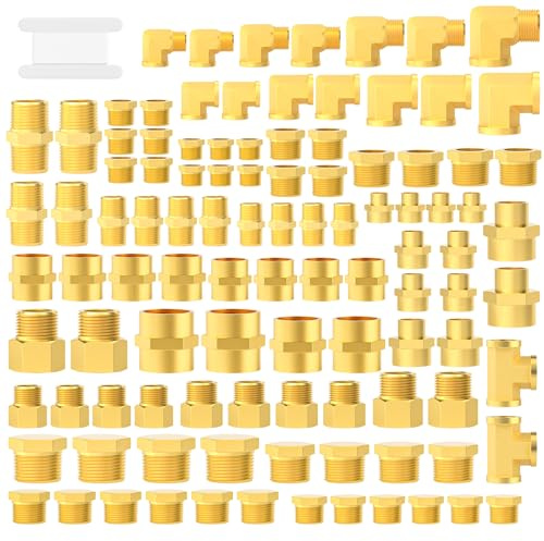 GASHER Kit de raccords de tuyau en laiton de 104 pièces, adaptateur réducteur, raccord hexagonal, raccord femelle, coupleur réducteur, angle de route 90 degrés, prise hexagonale, fiche à tête