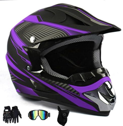Casco di Motocross con Guanti Occhiali Maschera, Approvato DOT, Full Face MTB Casco off-Road Mountain Bike Casco per Bambini per Adulti(Purple,L(56-57cm))