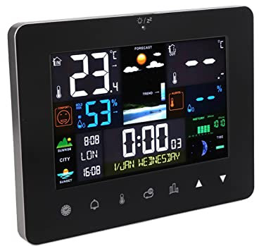 Estación Meteorológica con Sensor Radio Estación Meteorológica Pantalla Táctil a Color, Fase Lunar y Reloj, Calendario Despertador, Reloj Meteorológico para el Hogar, Oficina