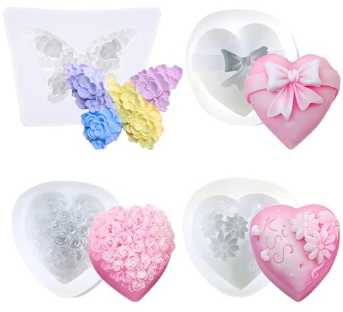 Lashua 4 pezzi 3D stampi in silicone per dolci, stampo silicone fiori per la realizzazione di saponi, candele, cioccolatini, caramelle, gelatine, cubetti di ghiaccio, budini