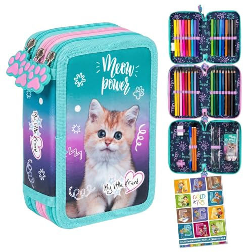 Goldkids - Federmäppchen 3 Fächer - Mäppchen für Mädchen und Jungen - Federmappe 3-Fach Federtasche 44-teilig Gefüllte Schüleretui Hausaufgabenheft- Katze Motiv