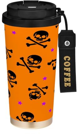 JUMBEAR Taza de viaje aislada al vacío con diseño de calavera de Halloween, tazas de viaje reutilizables para café, taza de café de acero inoxidable de doble pared a prueba de fugas con tapa para