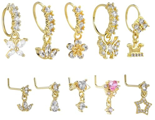 Yolev Nasenpiercing Ring Gold 20G Nasenstecker mit Anhänger 10 Stück