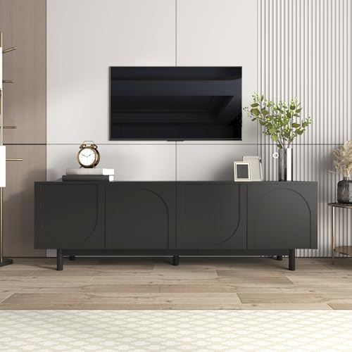 ModernLuxe TV Stand Cabinet with 4 Doors, Push-to-Open System, Adjustable Shelves, Lightweight Lowboard Media Console, Stylish Luxury Design TV Unit for Living Room, Black, 175x38x56cm