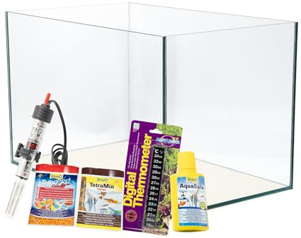 VIALIA Aquarium Set 60x30x30 cm Weiß, 54 Liter Glasbecken ohne Abdeckung | Starterset inkl. Heizer, Thermometer, Futter & Wasseraufbereiter, Floatglas mit Diamantschliff für Süß- & Meerwasser