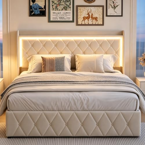 FOERPL Cama con Cajón 140x190 con LED, Cama Tapizada con Almacenamiento, Cama Doble con LED, Estructura de Cama con Cabecero de Terciopelo, Cama Tapizada con Somier de Madera, sin Colchón (E Beige