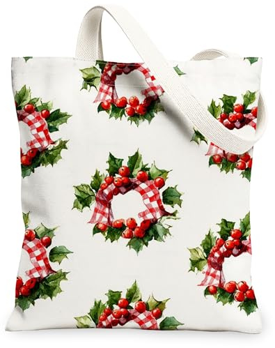 Bolsas de lona para festividades, diseño de corona festiva, bolsas de compras reutilizables, encantadoras de temporada, ligeras, lavables, con correa de hombro para regalos, comestibles, playa, 13 x