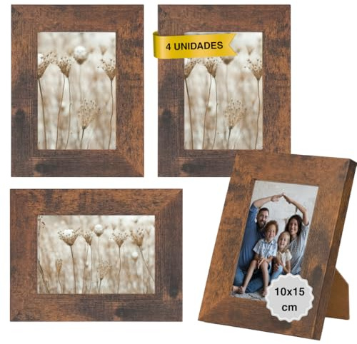 MARCOFOTO Marco de Fotos para Pared - Set de 4 Portafotos MDF con Cristal, uso vertical u horizontal - Decoración hogar u oficina, diplomas - Color Marrón Rústico 10x15 cm
