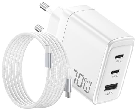 70W USB C laddare för MacBook,ultrasnabb laddning,3Portar PD3.0 och QC3.0 GaN II kompakt kompatibel med MacBook Pro/Air,Phone 17/16,Pad,Galaxy,Pixel