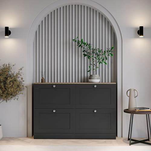 Vida Designs 4 Drawer Shoe Cabinet | Black & Oak | Space-Saving Storage for 20+ Pairs | 80H x 105W x 23.5D cm | Anti-Tip | Modern Hallway Unit