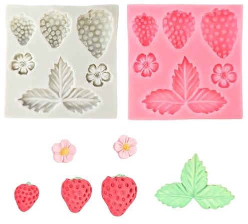 KUAJTUN Stampi in silicone, 2 pezzi, per fondente, cioccolatini, cioccolatini, con fiori, fragole e foglie, stampi in silicone per dolci, candele, decorazioni fai da te