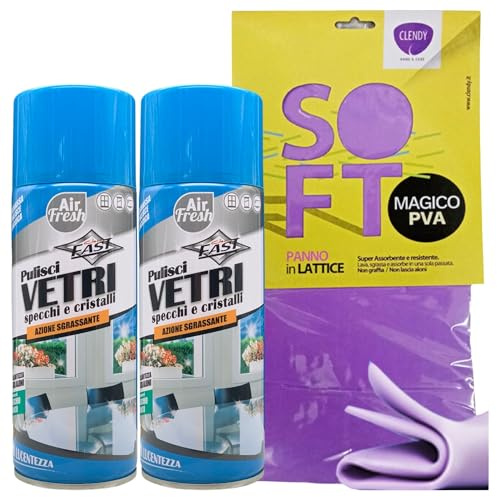 SET: 2x Spray Pulici VETRI, Specchi e Cristalli, Azione Sgrassante, Al Profumo Di Muschio Bianco 400ml + Panno SOFT In Lattice, Formato 30x30cm