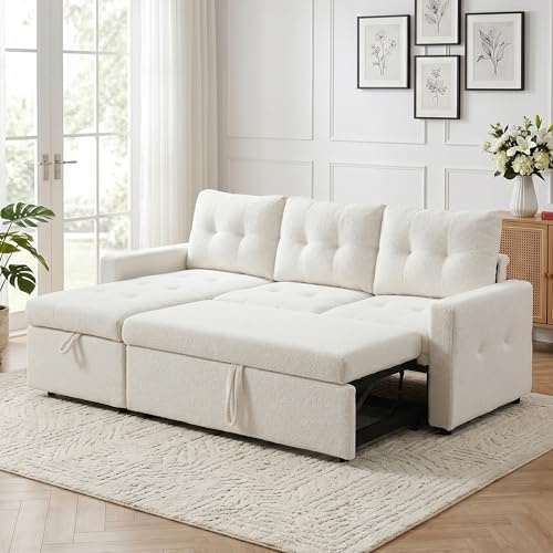 HIPIHOM 3-Sitzer-Sofabett, ausziehbares Schlafsofa mit Stauraum, Eckschlafsofa, Gästebett für kleine Räume, Wohnzimmer, Teddy-Fleece (weiß)