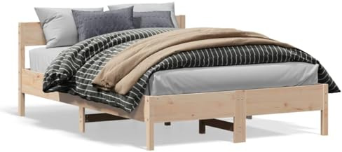 Qnhdfrt Massivholzbett 135x190 cm, Bettgestell aus massivem Kiefernholz mit Lattenrost, Stabiler Bettrahmen für Schlafzimmer, Naturholz unbehandelt, Rustikale Optik