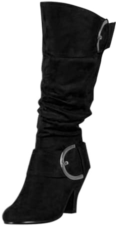 Dam mocka slouch knähöga stövel block hälspänne, Svart, 38.5 EU | Dam mocka slouch knähöga stövlar med spänne detalj och blockklack för enkel, elegant vardagsstil