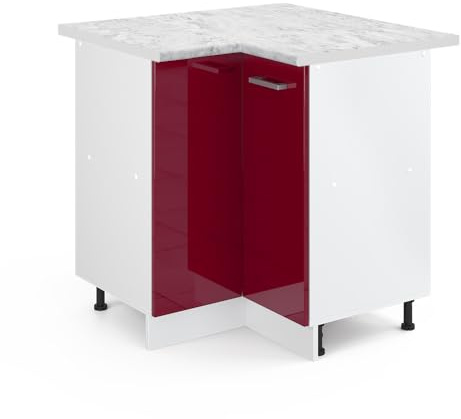Vicco Eckunterschrank R-Line, Rot Hochglanz, 75.6 cm | Verbindet zwei Küchenseiten · AP Marmor inkl. · Höhenverstellbare Füße · 1 Einlegeboden · 1 Tür