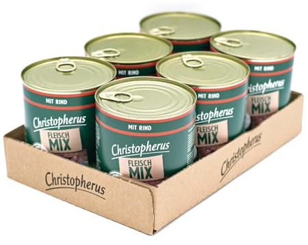 Christopherus Fleischmix Nassfutter für Hunde mit Rind, 6 x 800 g | Proteinreiches Futter, leicht verdaulich, nährstoffreich, ohne unnötige Zusätze, enthält frisches Fleisch & Innereien