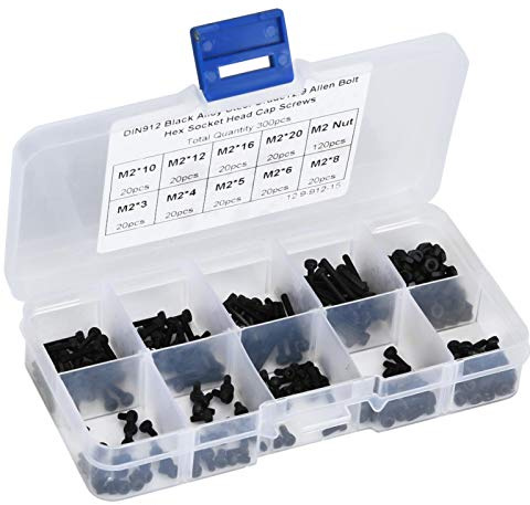 Sechskantschrauben-Set, 12.9 Grad Legierungsstahl mit Oxidbehandlung, M2-Schraubenkombination in Schwarz, 3-20mm Längenauswahl, 300-teilig in Aufbewahrungsbox, für Kfz-Wartung