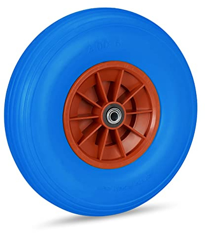 1 x Schubkarrenrad 4.00-6, Vollgummirad mit Kunststofffelge, 3 Adapter, Ersatzrad pannensicher, 100 kg, blau-rot