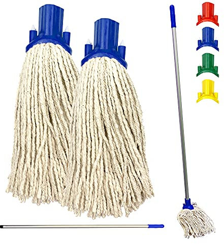 Colour Coded Floor Mop Set - 120cm Long Aluminium Handle with 2 String Replacement Heads for Domestic and Commercial Cleaning (Blue)