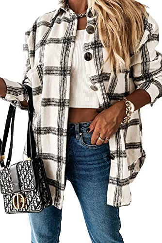 HVEPUO Damen Hemdjacke Karierte Shacket Langarm Hemd Mantel Flanell Jacke
