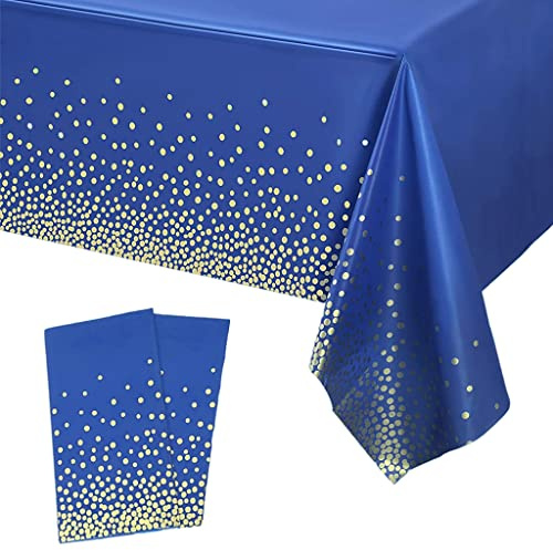 2 tovaglie usa e getta da 137 x 274 cm, blu scuro e oro, per feste, coriandoli a pois, rettangolari, tovaglia in plastica per picnic, compleanni, matrimoni, decorazioni per feste musulmane Eid Mubarak