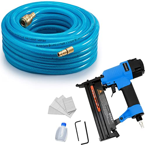 MONZANA® 2in1 Pneumatic Brad Nailer Stapler Kit & 20m PVC Air Line Hose | Compressed Air Powered Tools | Tacker Staple Gun with 100x 32mm Nails, 100x 32mm Staples, Carry Case