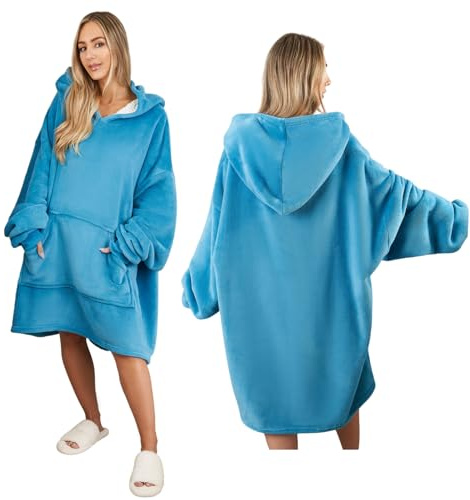 Sienna Hoodie Blanket Oversized Ultra Soft Plush Warm Sherpa Fleece Wearable Throw Blanket Cosy Giant Sweatshirt - Sea Blue