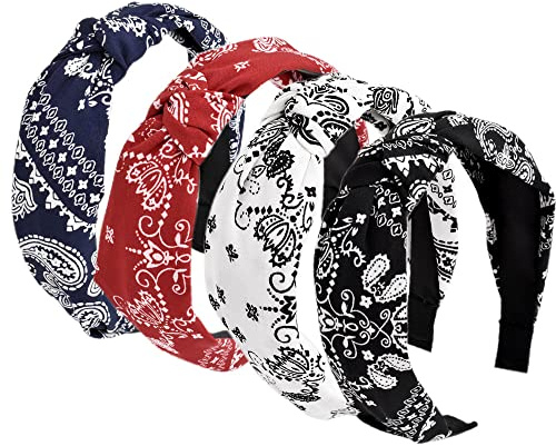 Stirnbänder für Frauen Erwachsene Boho Wide Knot Turban Stoff Haarband No Slip elastische Haare Hoops Mode Haarschmuck 4Pcs