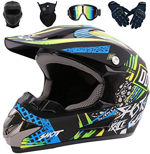 Motocross Motorradhelm Downhill Fullface Helm Kinder Motorrad Crosshelm Set Endurohelm Mit Schutzbrille/Maske/Handschuhe/Sturmhauben DOT Zertifiziert Jugend Integralhelm für Quad Bike BMX MTB