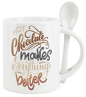 Purely Home Juego de taza y cuchara de chocolate caliente – El chocolate caliente hace que todo sea mejor – Taza de cerámica blanca para café/té con cuchara en el mango